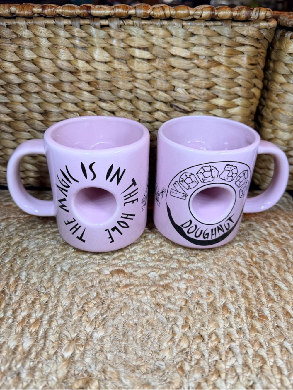Pair of Voodoo Doughnut Pink Mugs with Center Hole - “The Magic Is In The Hole”
